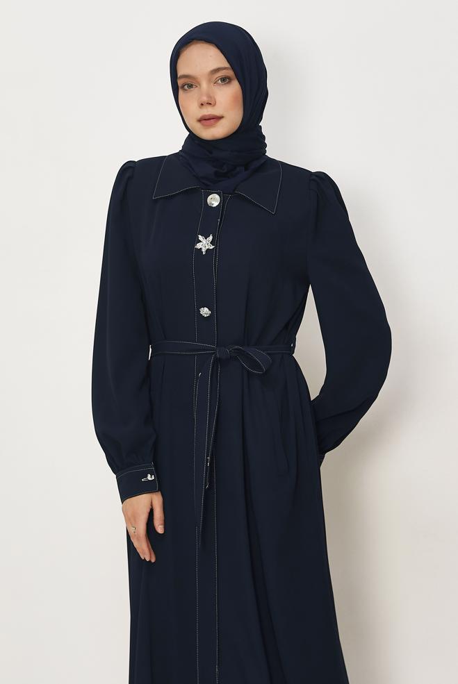 Hijab clothing NAVY BLUE BELTED TOPCOAT 11011 - ALVİNA