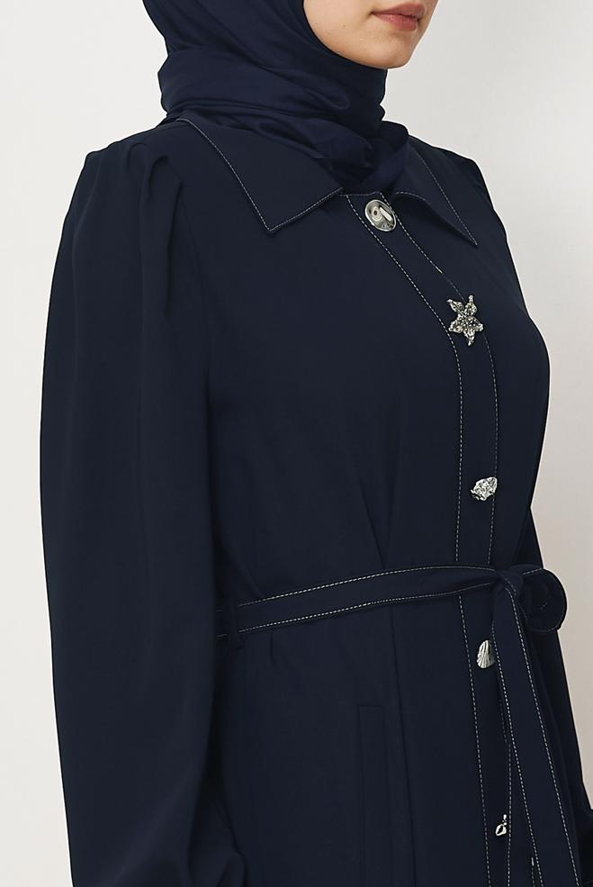Hijab clothing NAVY BLUE BELTED TOPCOAT 11011 - ALVİNA