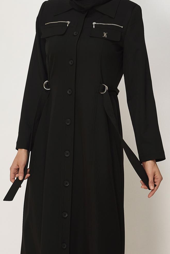 Hijab clothing BLACK BELT DETAILED TOPCOAT 11015 - ALVİNA
