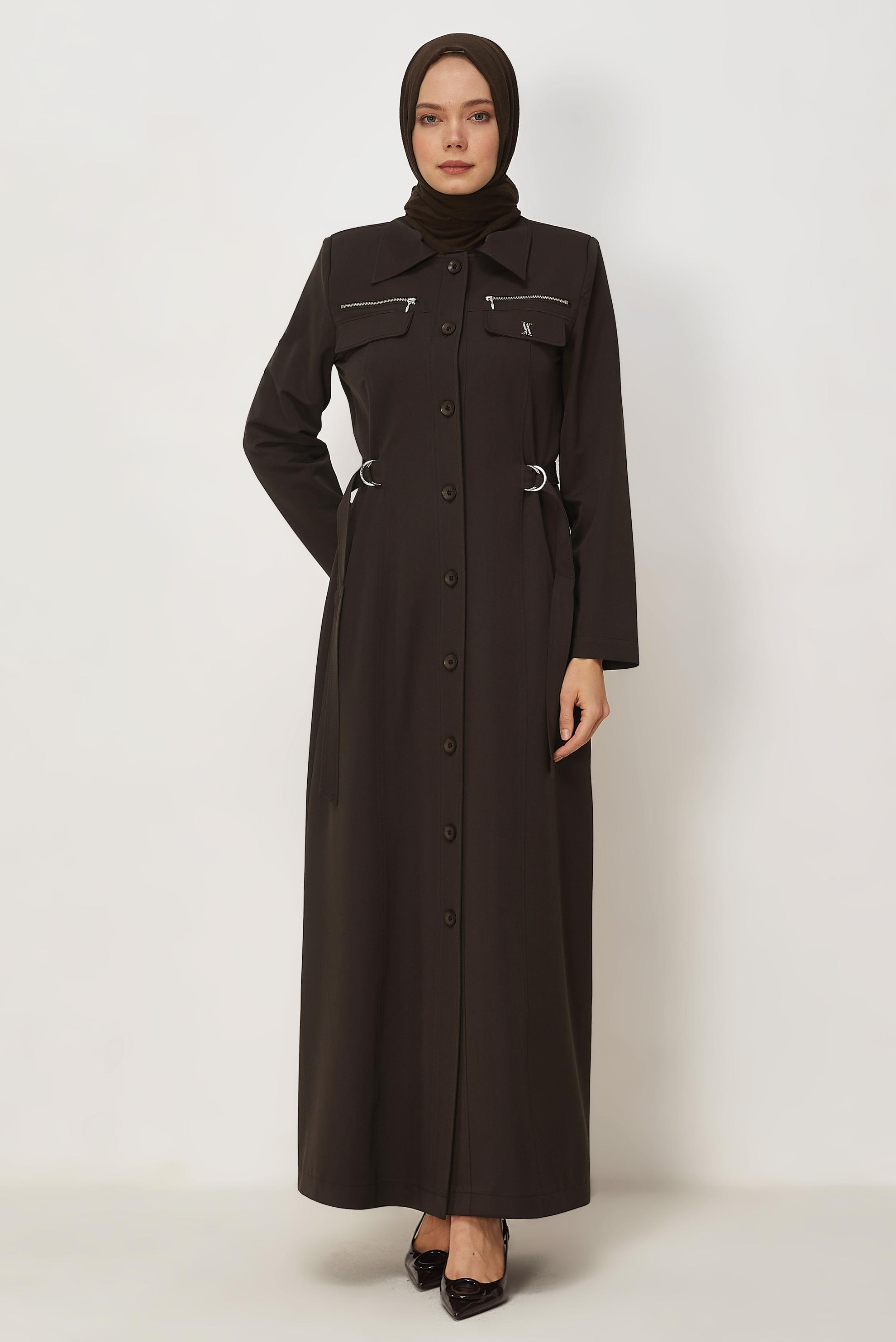 Hijab clothing BROWN BELT DETAILED TOPCOAT 11015