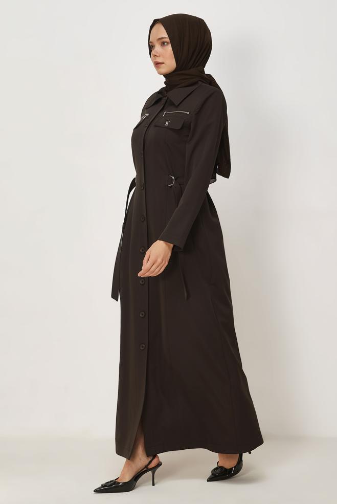 Hijab clothing BROWN BELT DETAILED TOPCOAT 11015 - ALVİNA