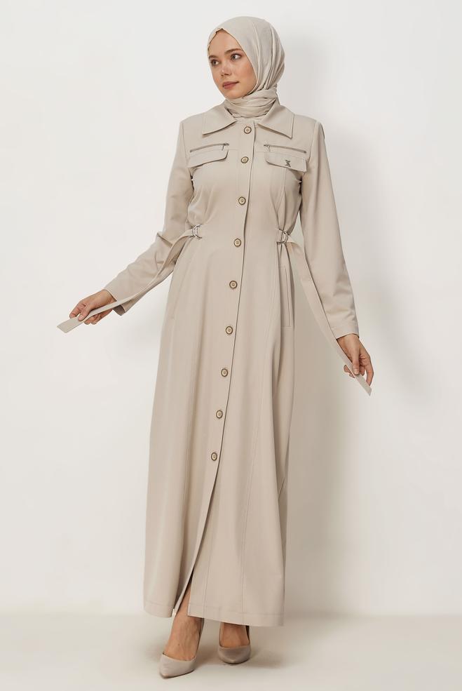 Hijab clothing BEIGE BELT DETAILED TOPCOAT 11015 - ALVİNA