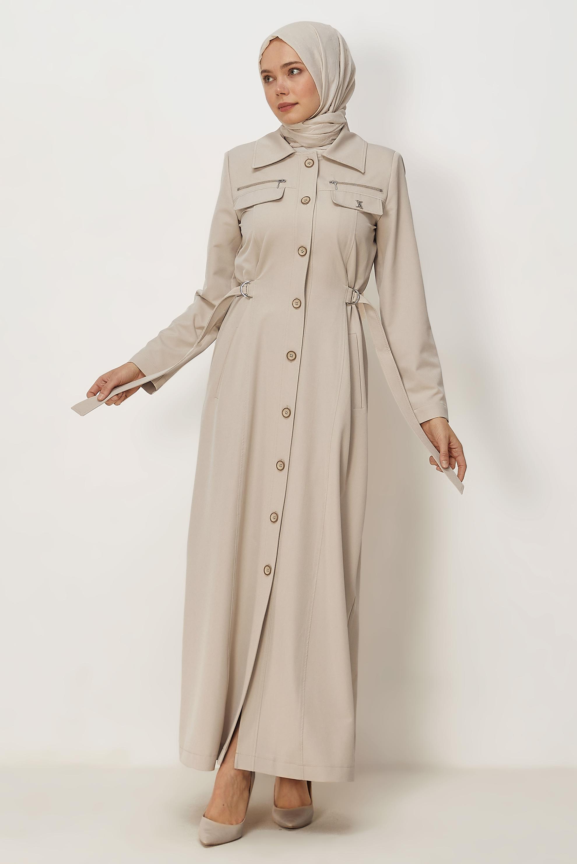 Hijab clothing BEIGE BELT DETAILED TOPCOAT 11015