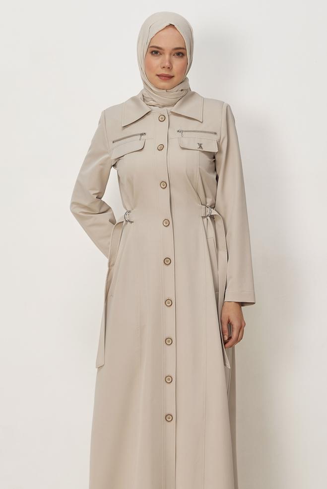 Hijab clothing BEIGE BELT DETAILED TOPCOAT 11015 - ALVİNA