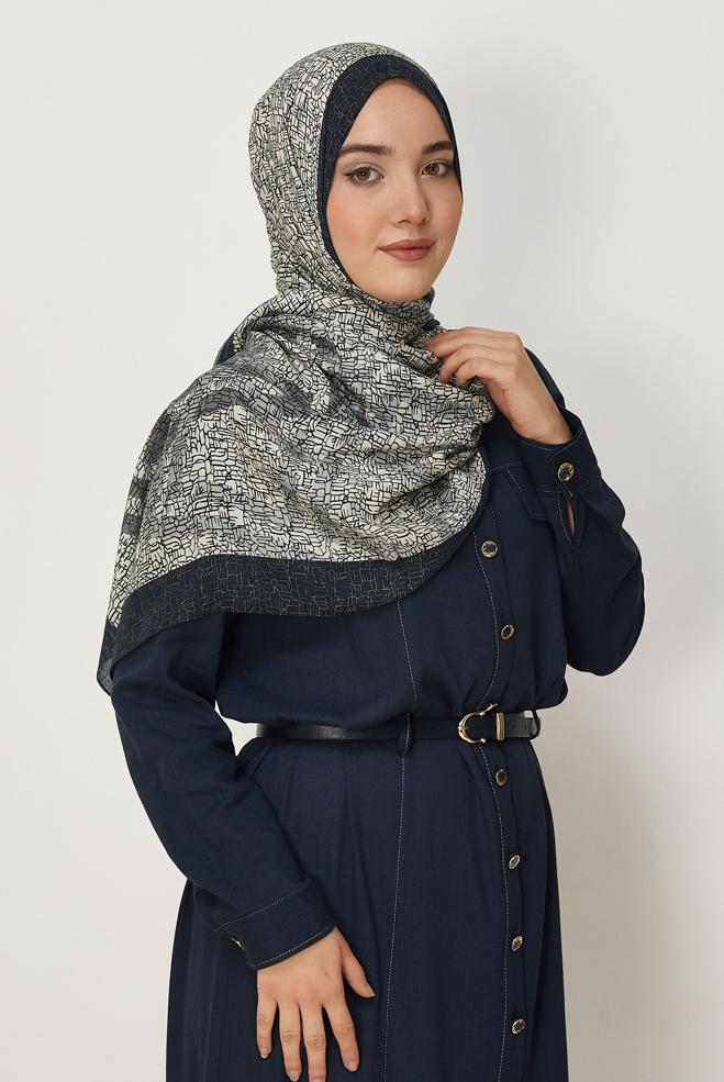 Vêtements hijab BLEU MARINE CHÂLE ALVINA EN VISCOSE À MOTIFS 8628 - ALVİNA