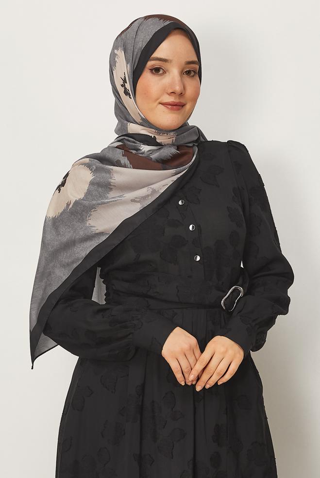 Hijab clothing GREY ALVINA FLOWER PATTERNED SHAWL 8632 - ALVİNA
