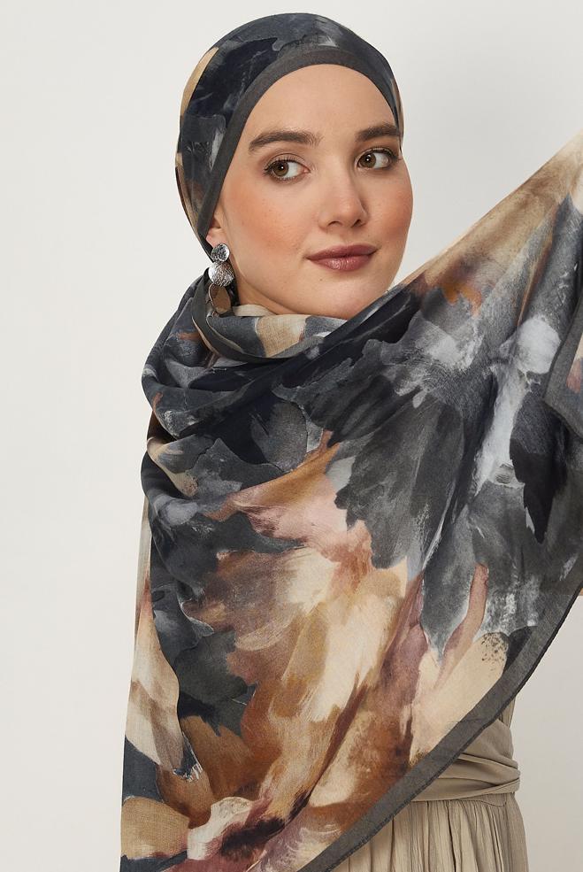 Vêtements hijab GRIS CHÂLE FRAIS À MOTIFS FLORAUX ALVINA 8646 - ALVİNA