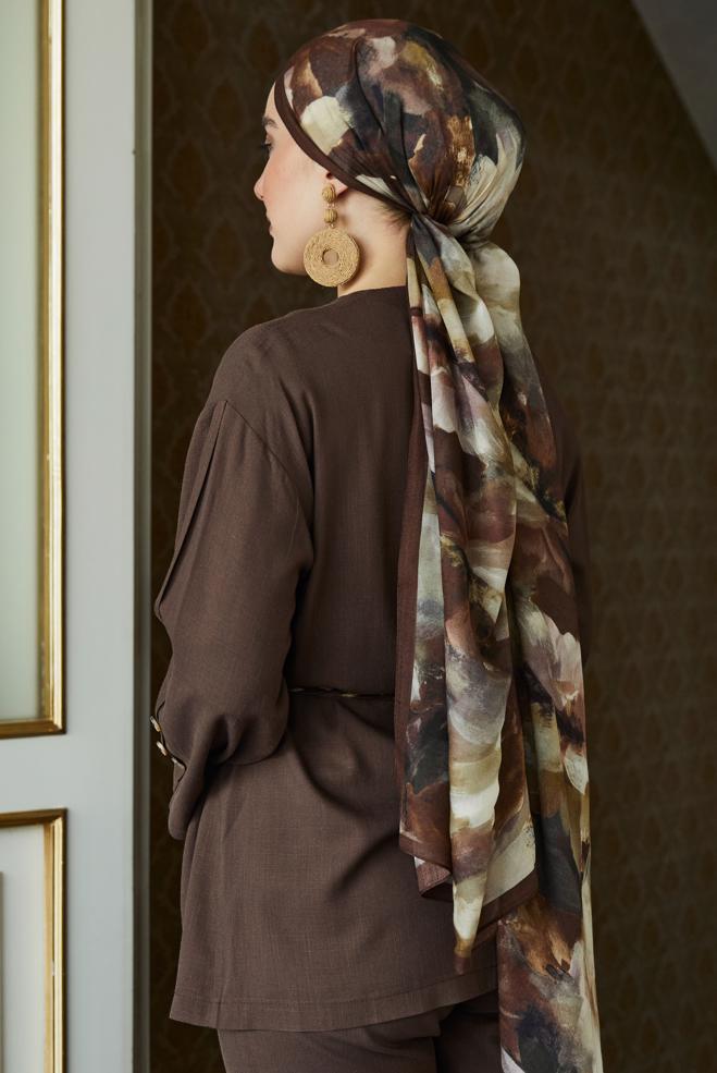 Vêtements hijab BRUN CHÂLE FRAIS À MOTIFS FLORAUX ALVINA 8646 - ALVİNA