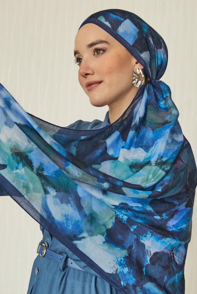 Vêtements hijab BLEU MARINE CHÂLE FRAIS À MOTIFS FLORAUX ALVINA 8646 - ALVİNA