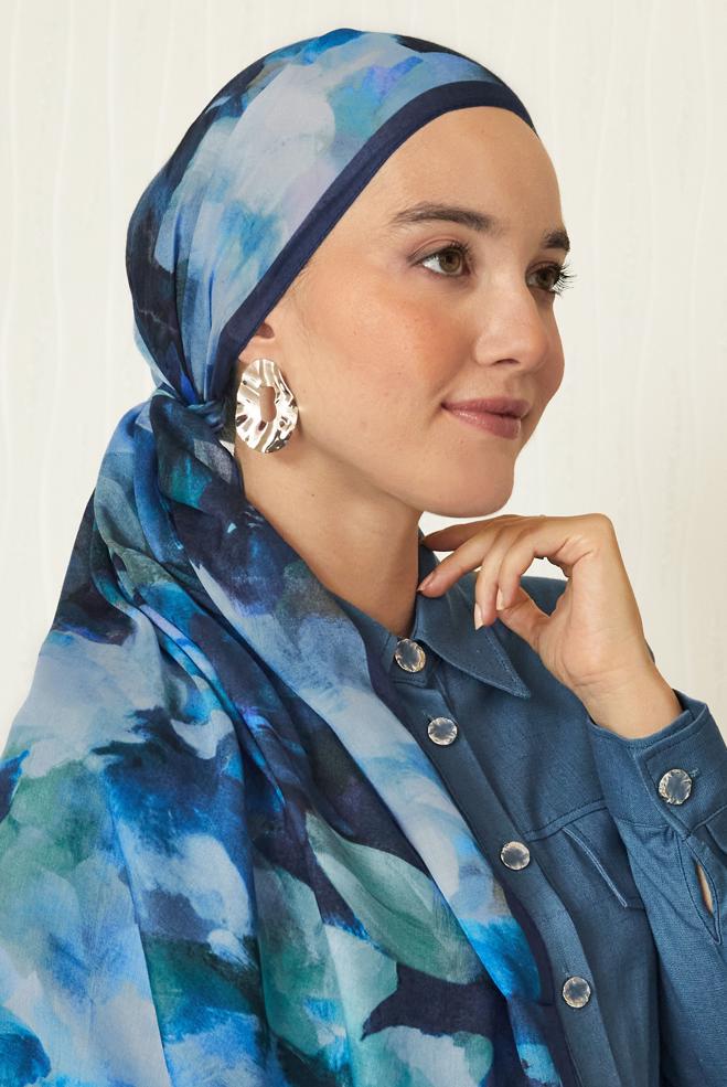 Vêtements hijab BLEU MARINE CHÂLE FRAIS À MOTIFS FLORAUX ALVINA 8646 - ALVİNA