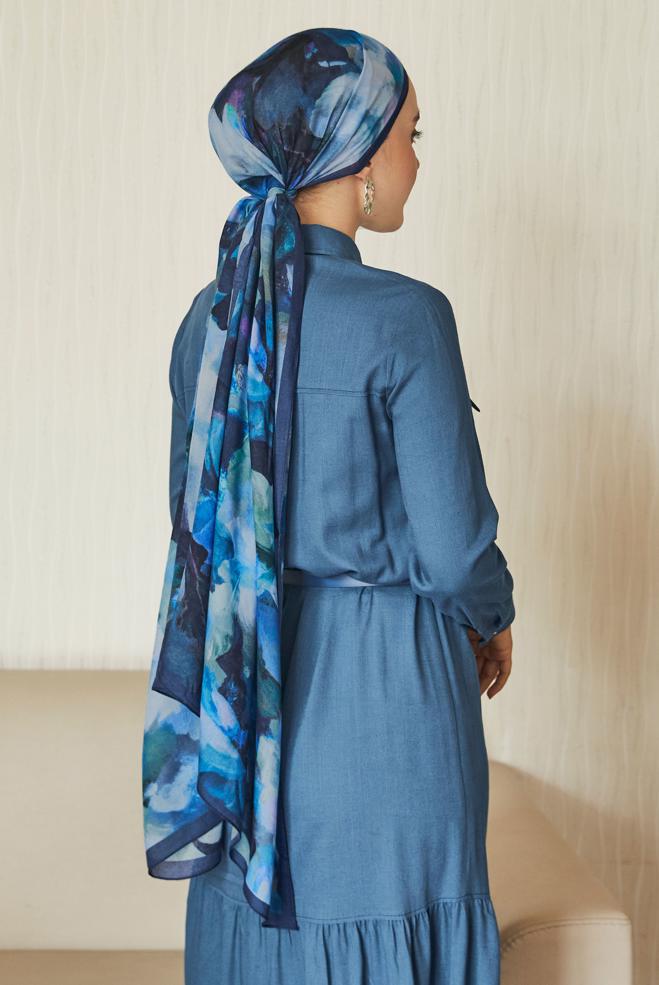 Vêtements hijab BLEU MARINE CHÂLE FRAIS À MOTIFS FLORAUX ALVINA 8646 - ALVİNA