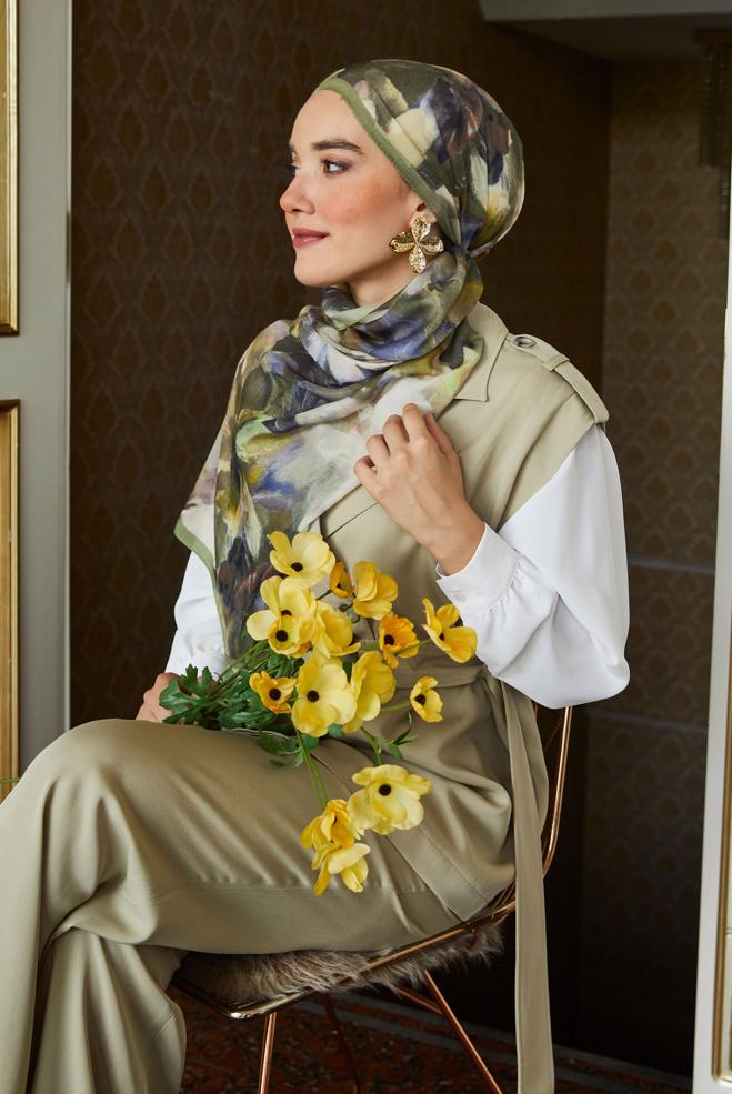 Vêtements hijab BEIGE CHÂLE FRAIS À MOTIFS FLORAUX ALVINA 8646 - ALVİNA