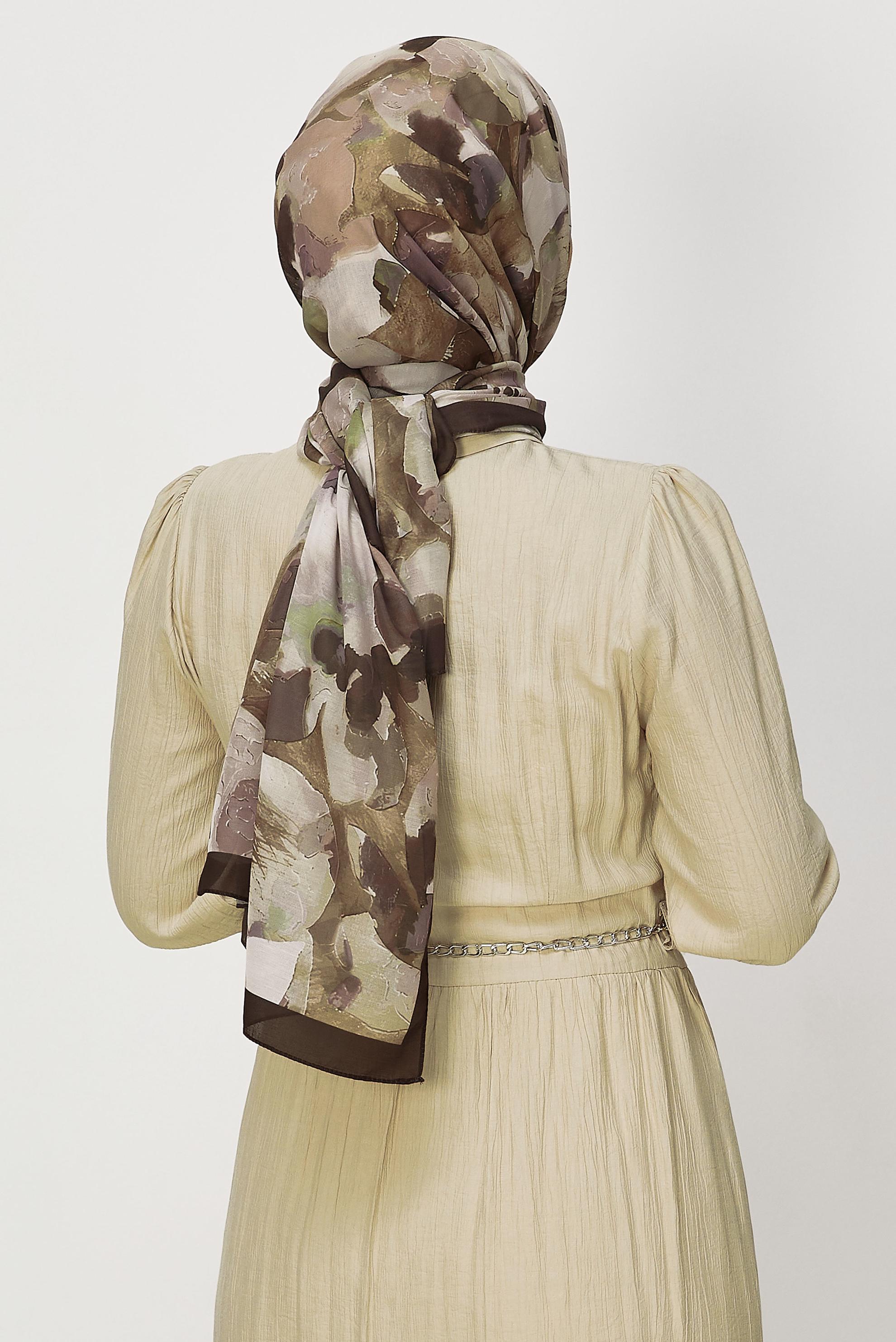 Tesettür giyim KAHVE ALVİNA ÇİÇEK DESENLİ LORA ŞAL 8657