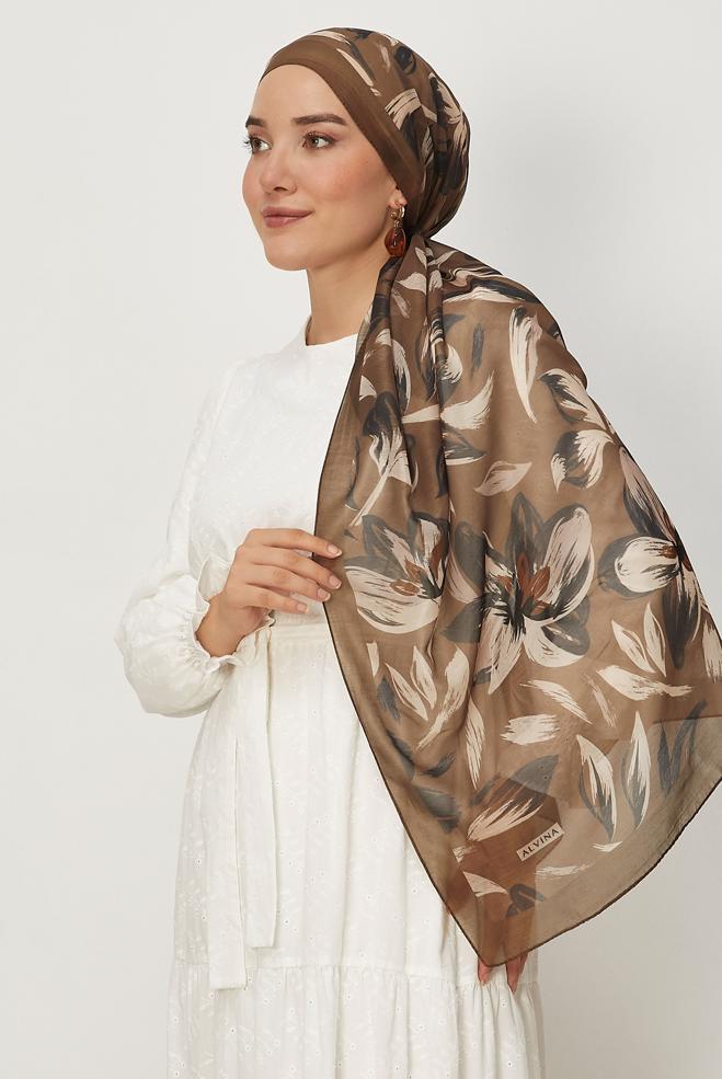 Hijab clothing BROWN ALVINA FLOWER PATTERNED AURA SHAWL 8674 - ALVİNA