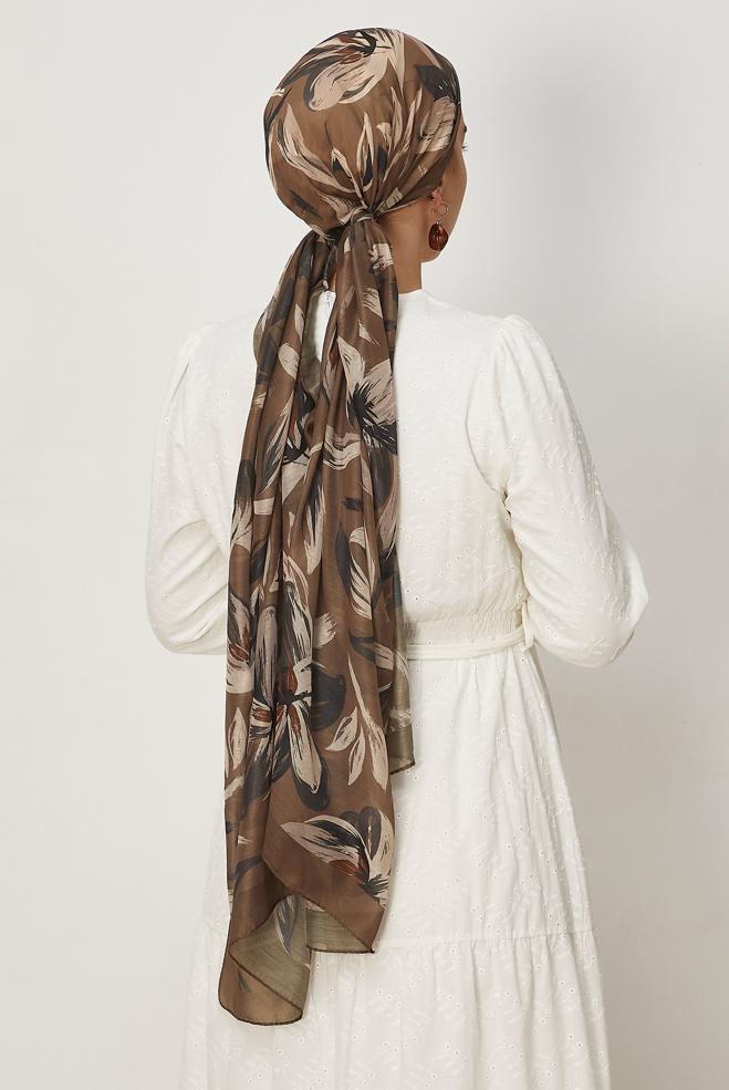 Hijab clothing BROWN ALVINA FLOWER PATTERNED AURA SHAWL 8674 - ALVİNA