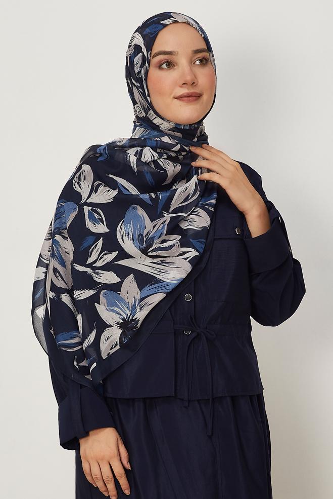 Hijab clothing NAVY BLUE ALVINA FLOWER PATTERNED AURA SHAWL 8674 - ALVİNA