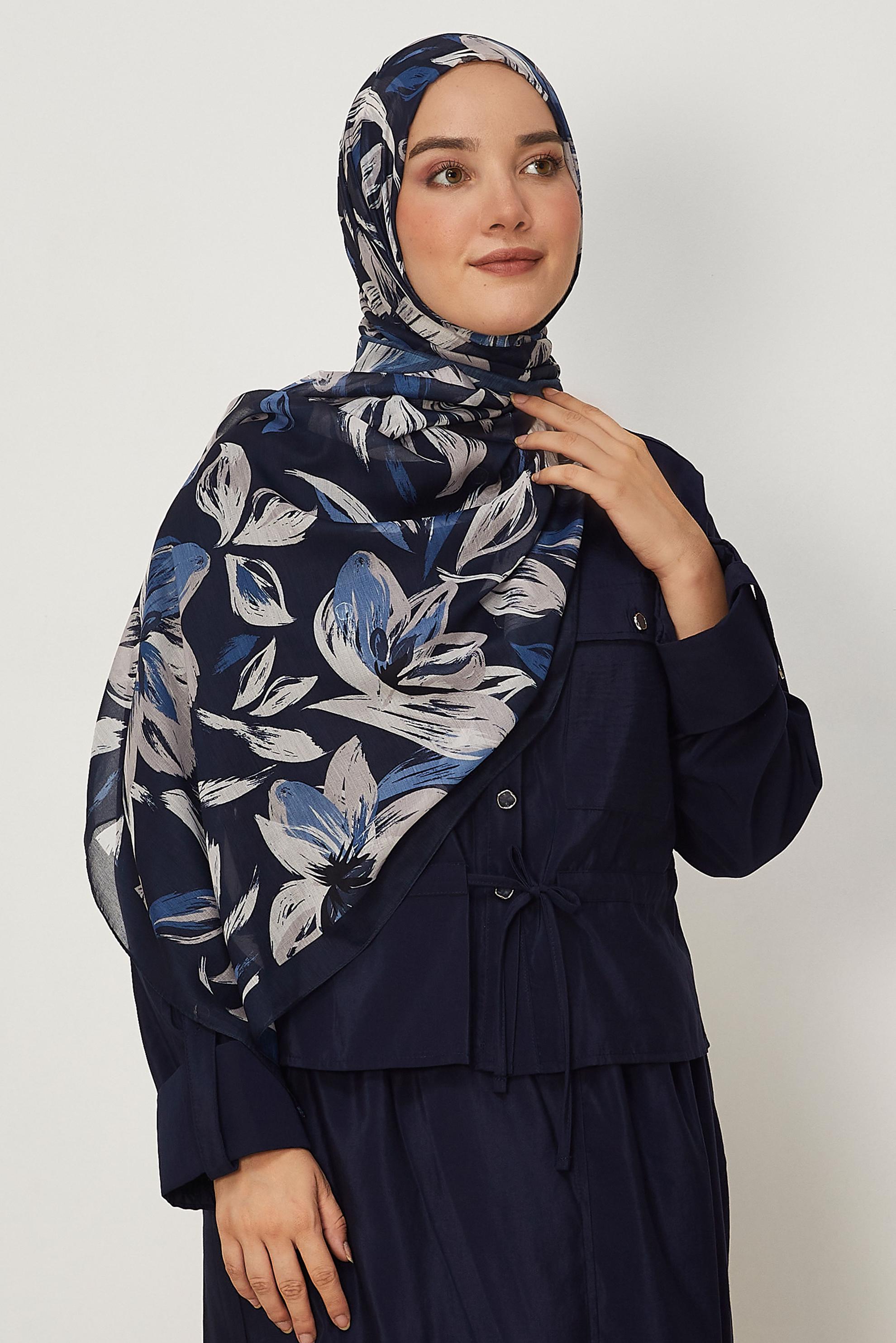 Hijab clothing NAVY BLUE ALVINA FLOWER PATTERNED AURA SHAWL 8674