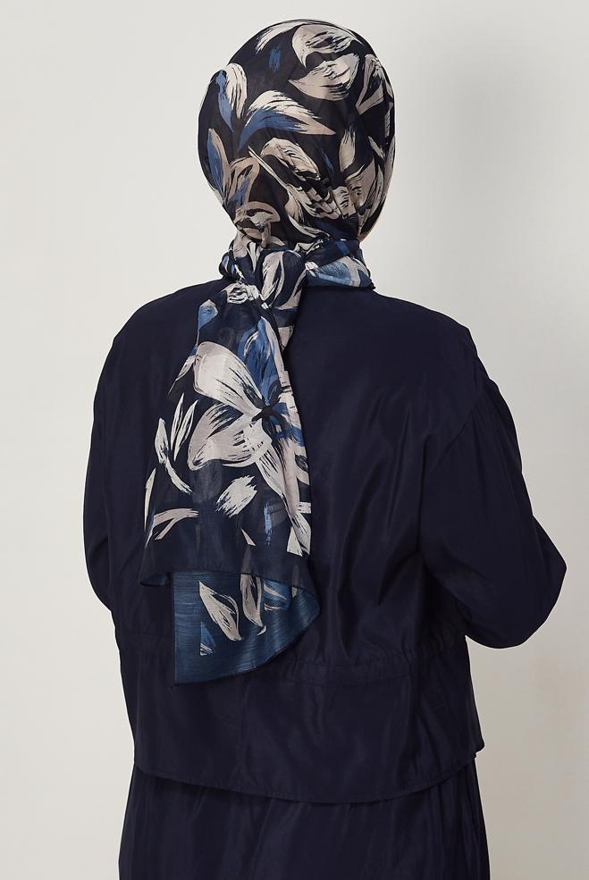 Hijab clothing NAVY BLUE ALVINA FLOWER PATTERNED AURA SHAWL 8674 - ALVİNA