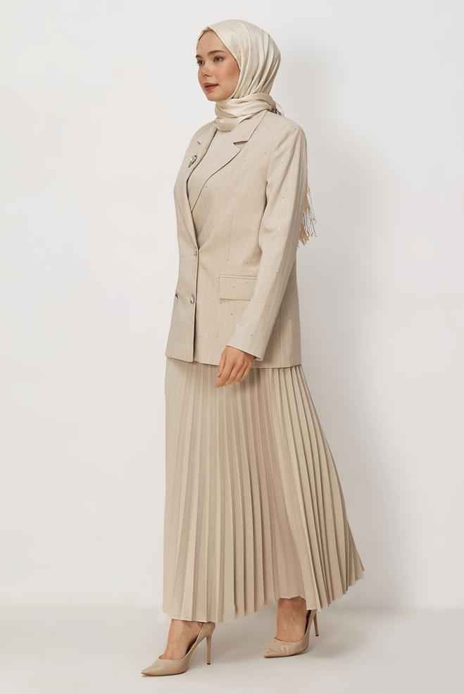Vêtements hijab BEIGE ENSEMBLE JUPE À PAILLETTES 30554 - ALVİNA