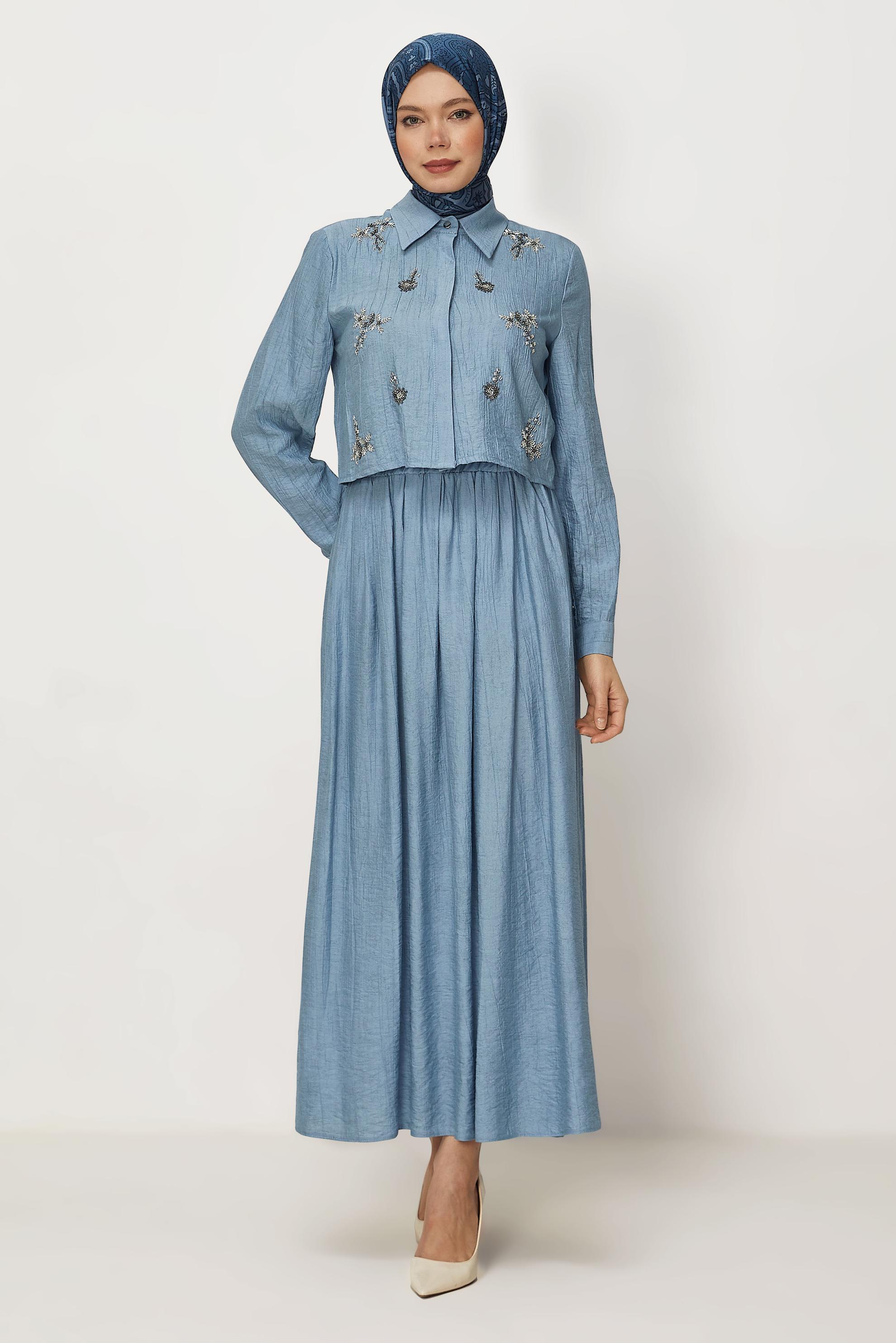 Hijab-Kleidung BLAU ANZUG MIT PERLEN BESTICKTEM ROCK 45745