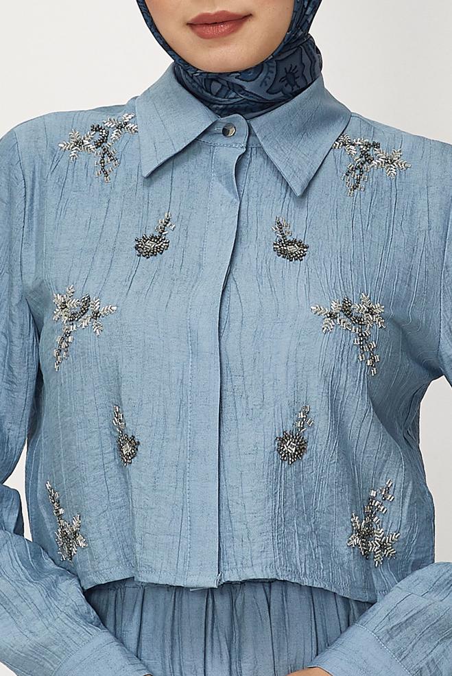 Hijab-Kleidung BLAU ANZUG MIT PERLEN BESTICKTEM ROCK 45745 - ALVİNA