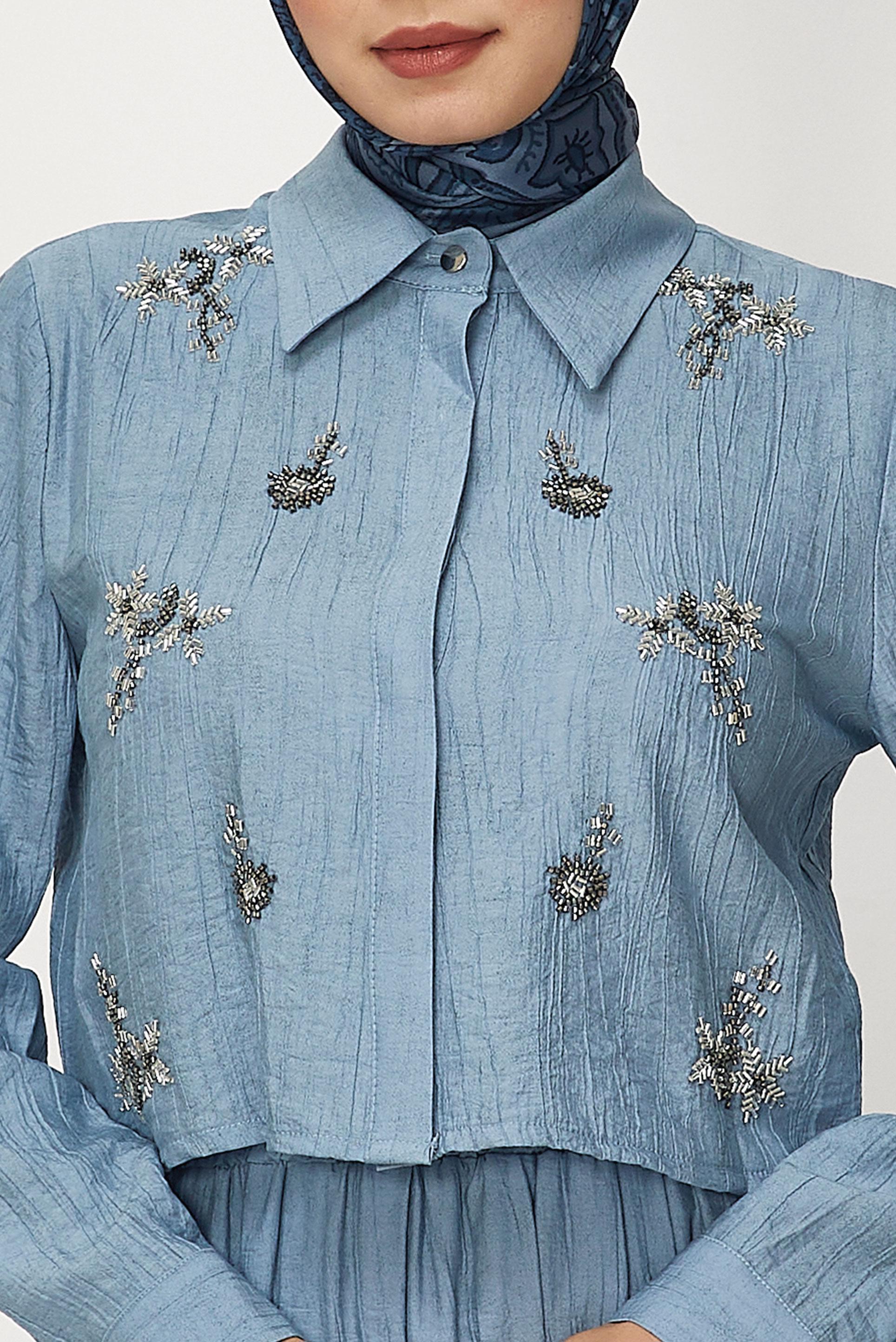 Hijab-Kleidung BLAU ANZUG MIT PERLEN BESTICKTEM ROCK 45745