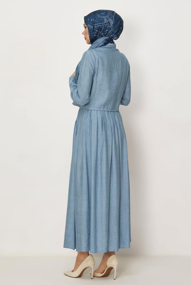 Hijab-Kleidung BLAU ANZUG MIT PERLEN BESTICKTEM ROCK 45745 - ALVİNA