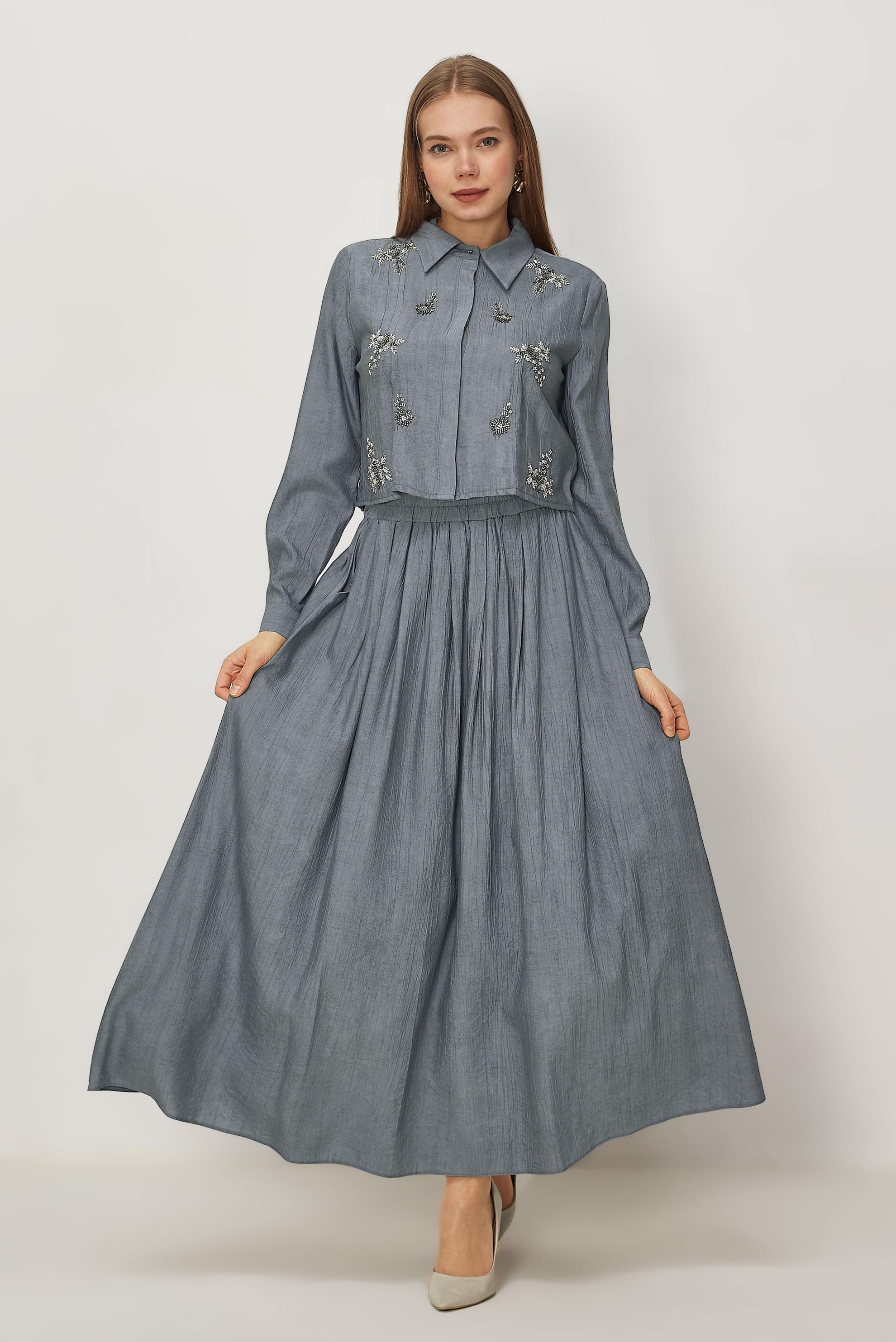 Hijab-Kleidung GRAU ANZUG MIT PERLEN BESTICKTEM ROCK 45745