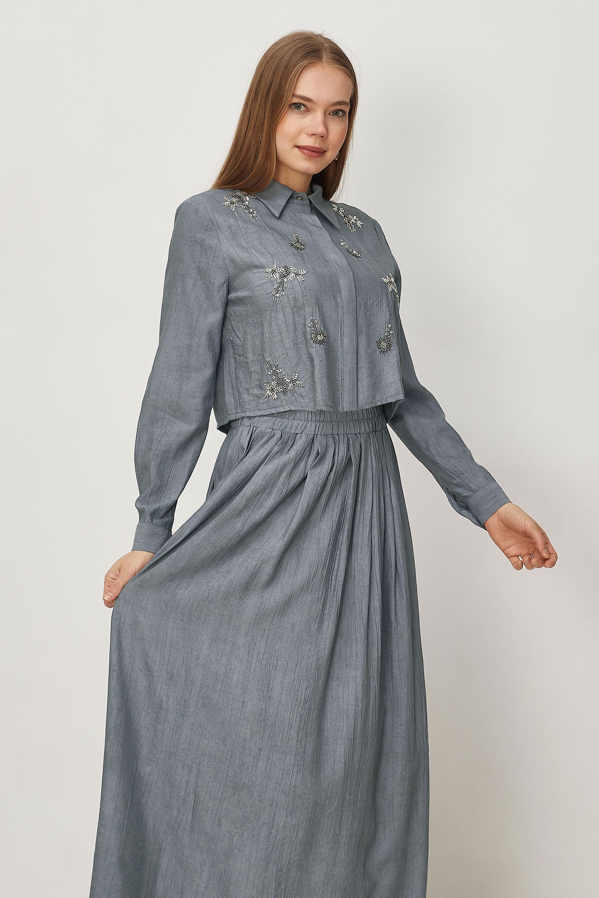 Hijab-Kleidung GRAU ANZUG MIT PERLEN BESTICKTEM ROCK 45745