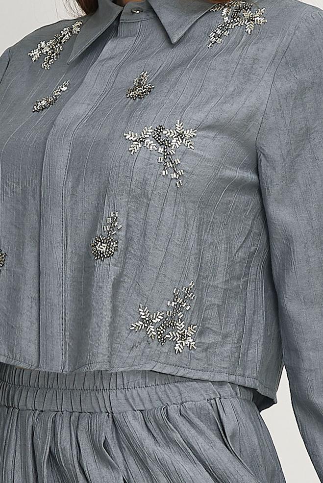 Hijab-Kleidung GRAU ANZUG MIT PERLEN BESTICKTEM ROCK 45745 - ALVİNA