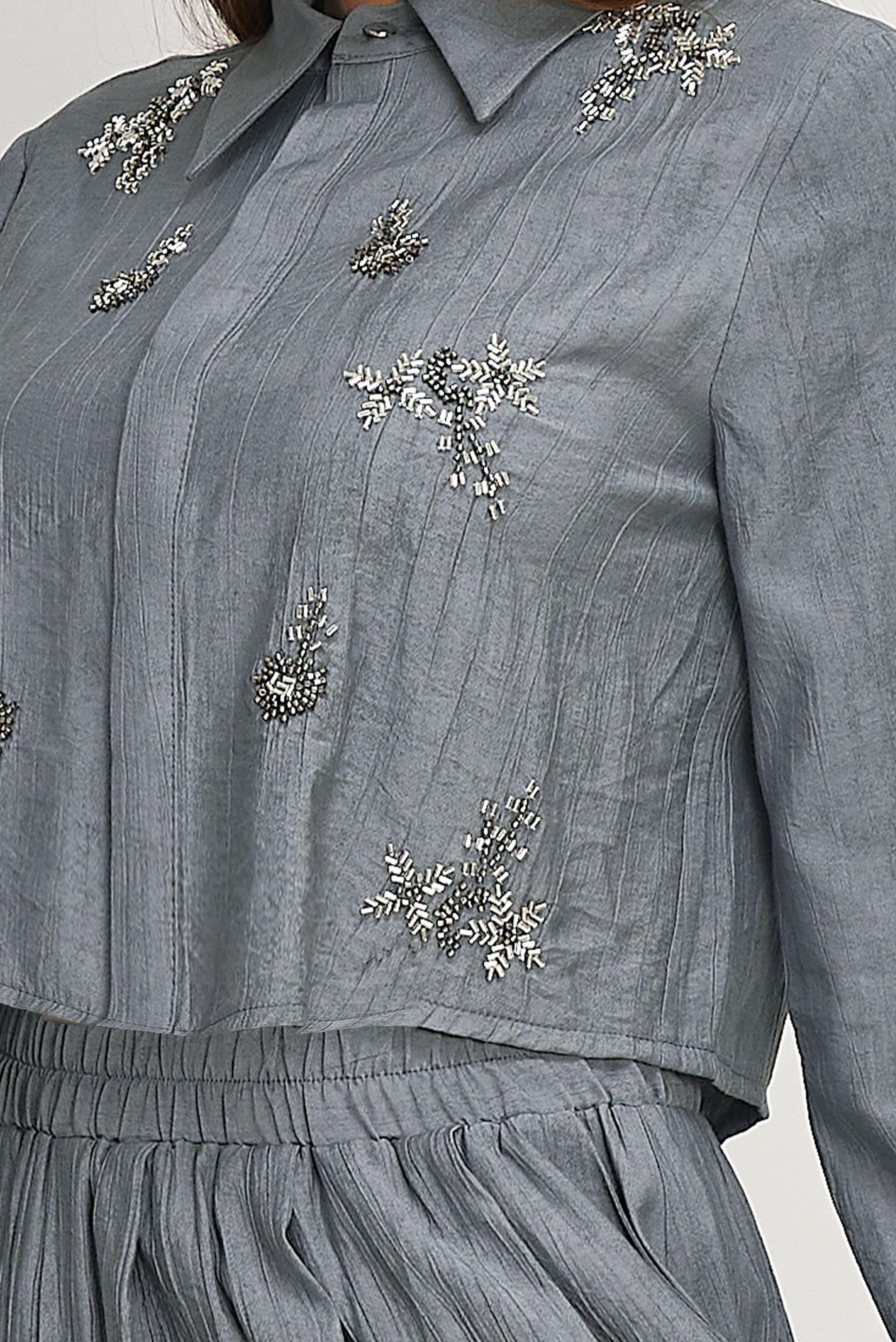 Hijab-Kleidung GRAU ANZUG MIT PERLEN BESTICKTEM ROCK 45745