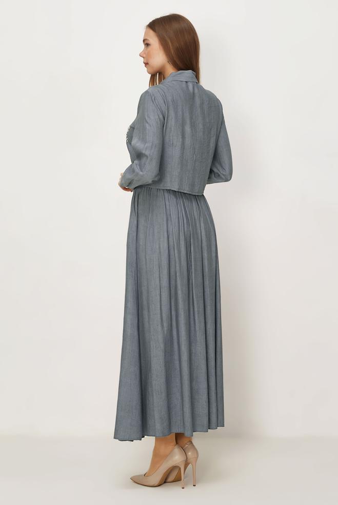 Hijab-Kleidung GRAU ANZUG MIT PERLEN BESTICKTEM ROCK 45745 - ALVİNA