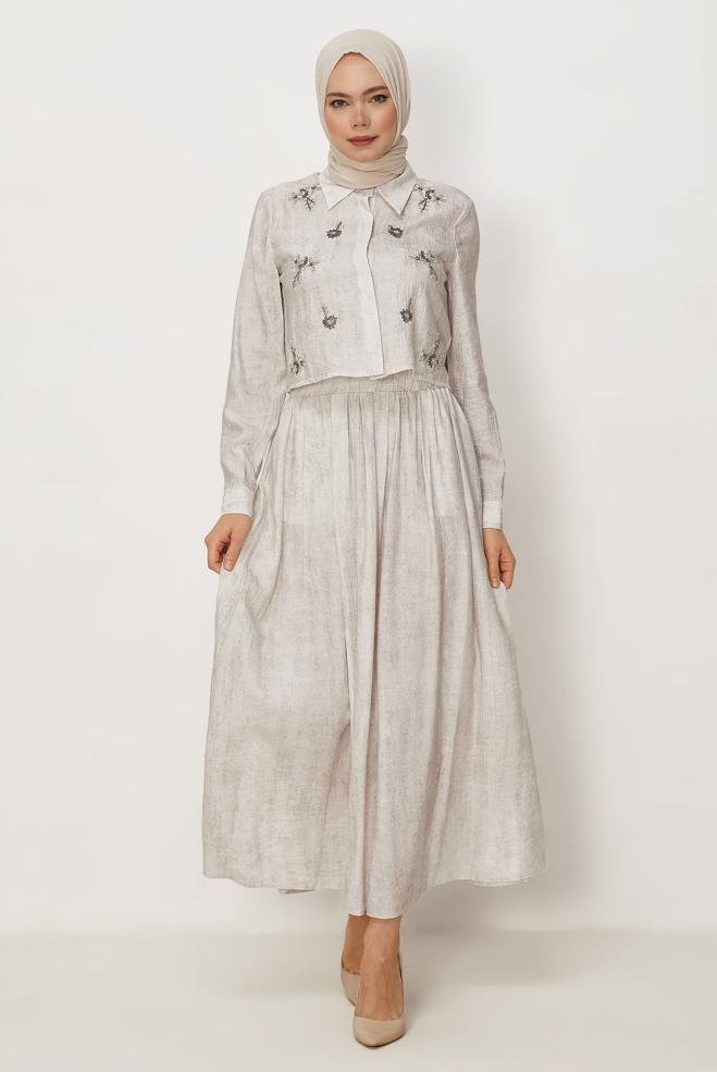 Hijab-Kleidung ECRU ANZUG MIT PERLEN BESTICKTEM ROCK 45745 - ALVİNA