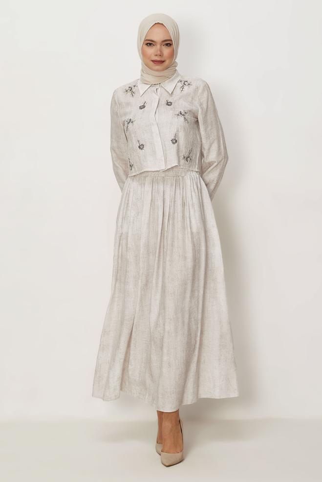 Hijab-Kleidung ECRU ANZUG MIT PERLEN BESTICKTEM ROCK 45745 - ALVİNA