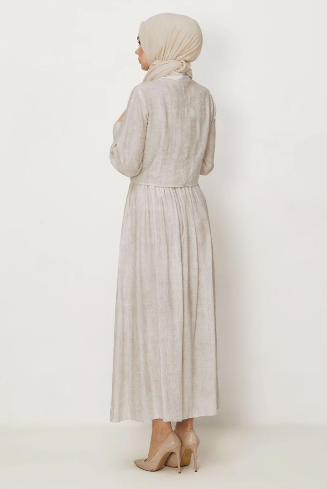 Hijab-Kleidung ECRU ANZUG MIT PERLEN BESTICKTEM ROCK 45745 - ALVİNA