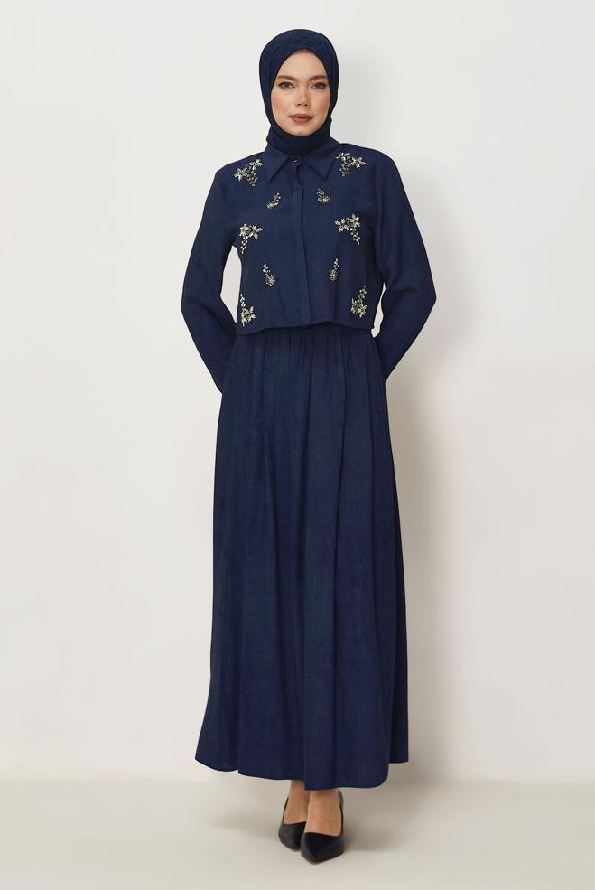 Hijab-Kleidung NAVY BLAU ANZUG MIT PERLEN BESTICKTEM ROCK 45745 - ALVİNA