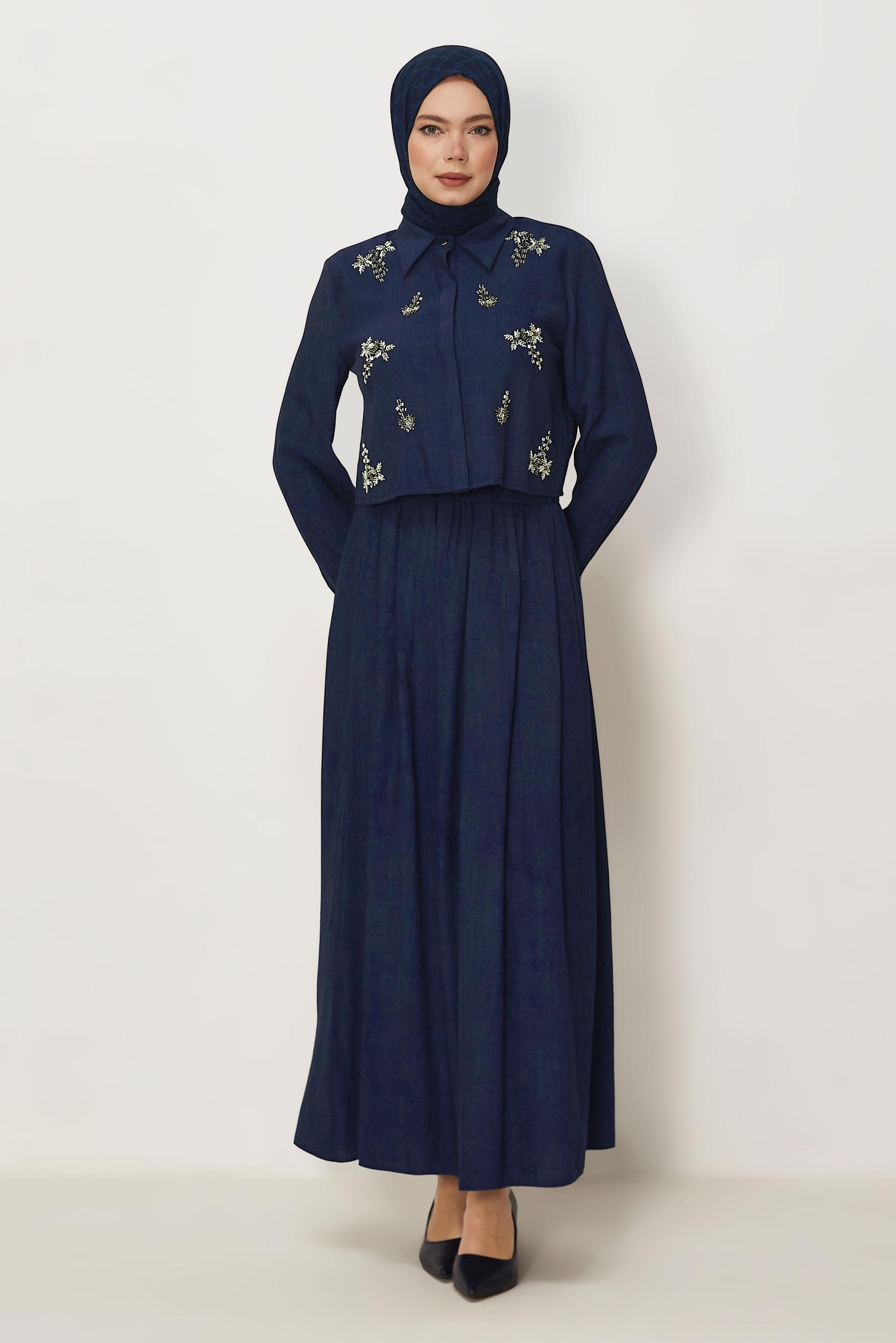 Hijab-Kleidung NAVY BLAU ANZUG MIT PERLEN BESTICKTEM ROCK 45745
