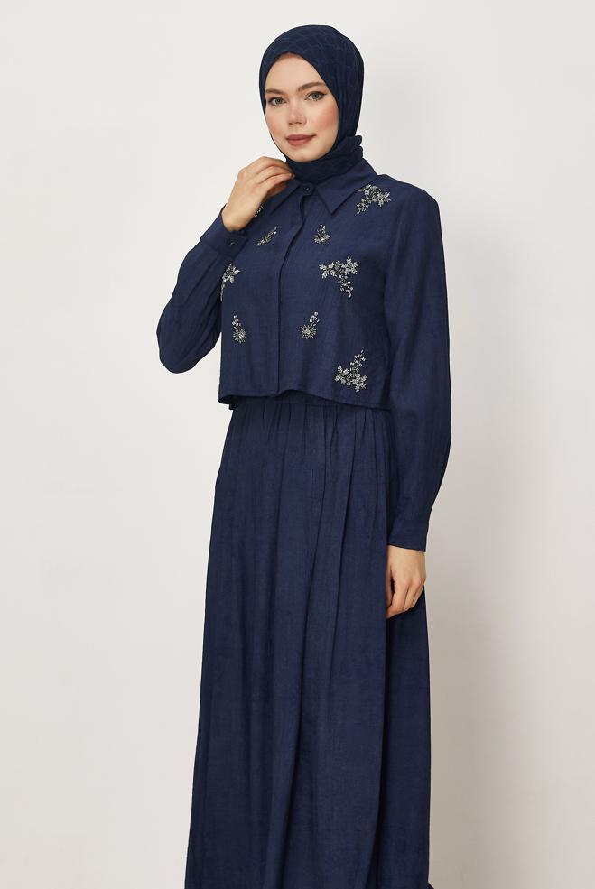 Hijab-Kleidung NAVY BLAU ANZUG MIT PERLEN BESTICKTEM ROCK 45745 - ALVİNA