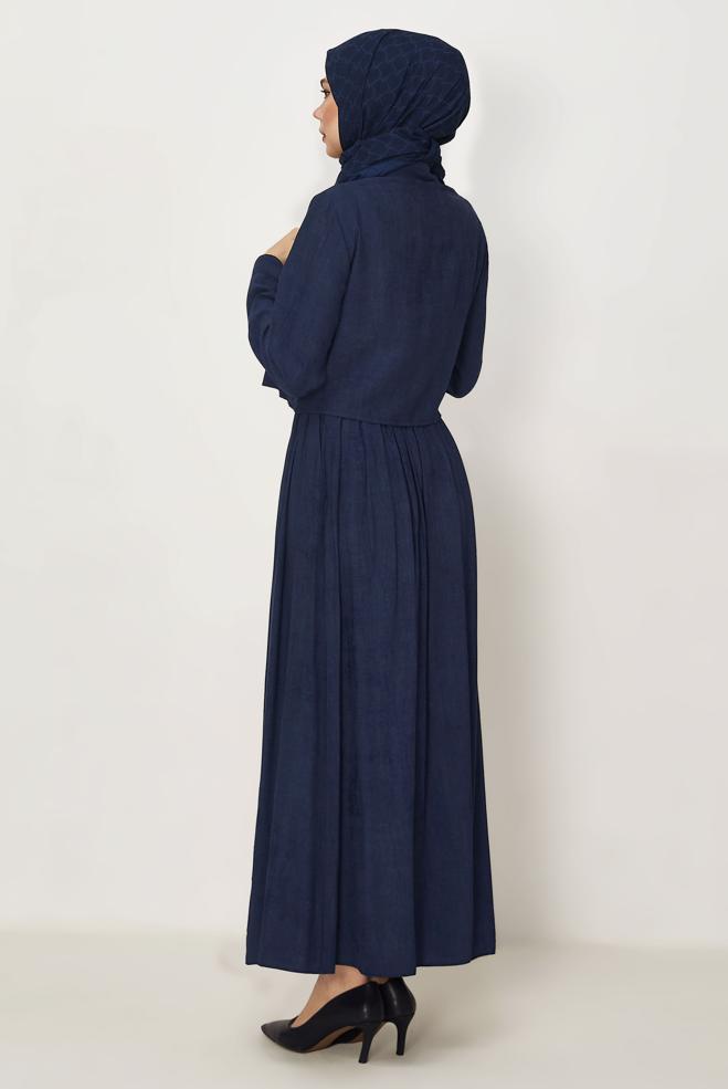 Hijab-Kleidung NAVY BLAU ANZUG MIT PERLEN BESTICKTEM ROCK 45745 - ALVİNA