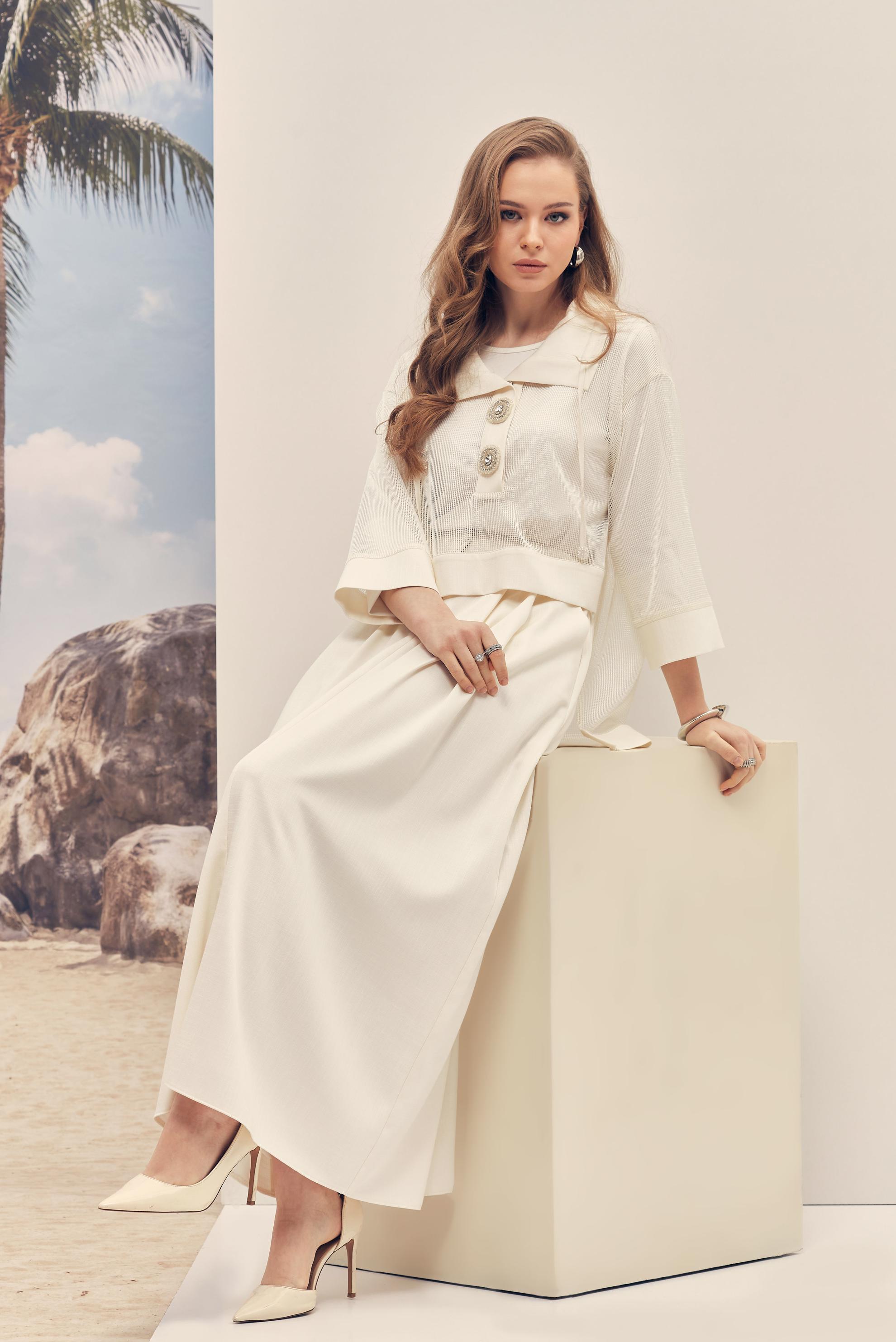 Tesettür giyim BEYAZ FİLE DETAYLI ETEKLİ TAKIM 46300