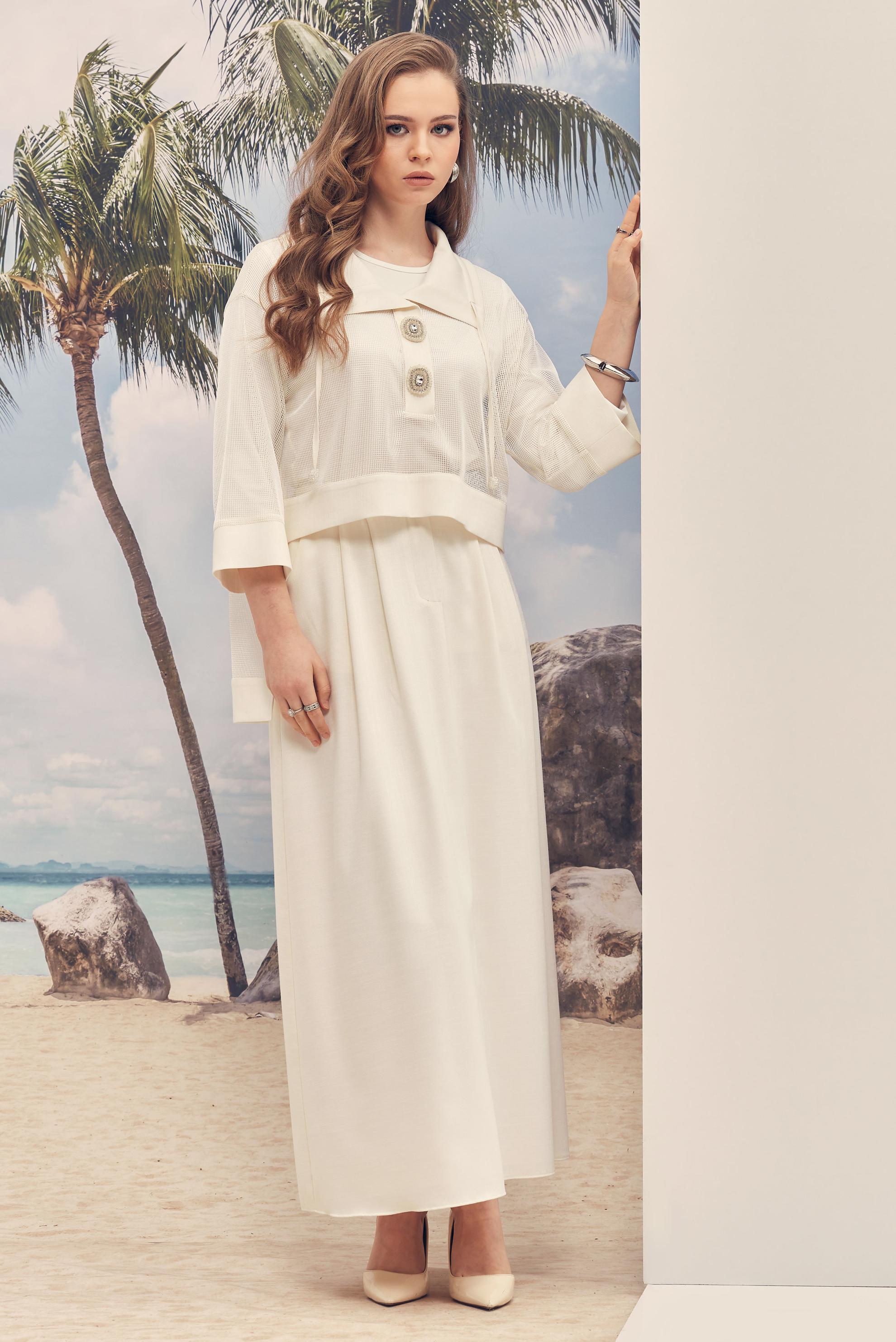 Tesettür giyim BEYAZ FİLE DETAYLI ETEKLİ TAKIM 46300