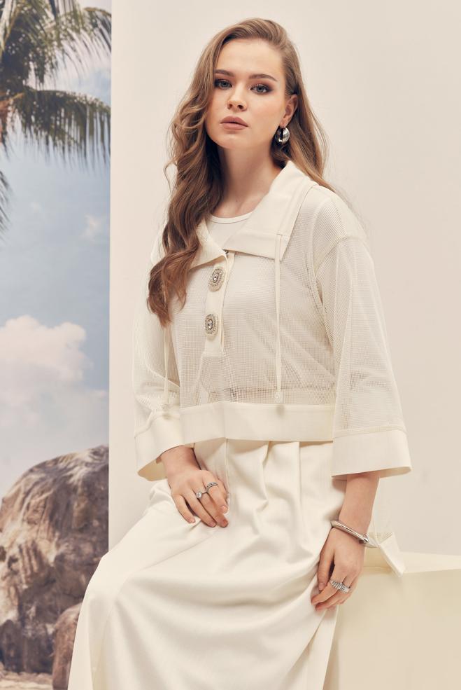 Tesettür giyim BEYAZ FİLE DETAYLI ETEKLİ TAKIM 46300 - ALVİNA