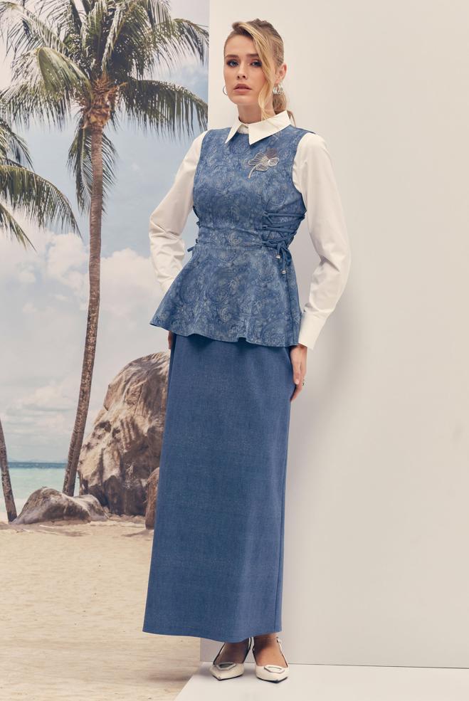 Hijab-Kleidung BLAU ANZUG MIT GEBUNDENEM ROCK 46310 - ALVİNA