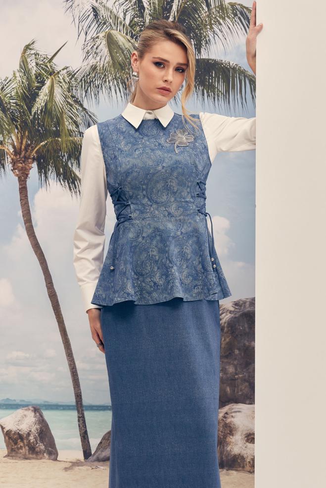 Hijab-Kleidung BLAU ANZUG MIT GEBUNDENEM ROCK 46310 - ALVİNA