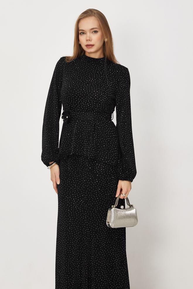 Hijab-Kleidung SCHWARZ ROCKANZUG MIT EDELSTEIN DETAILS 46331 - ALVİNA