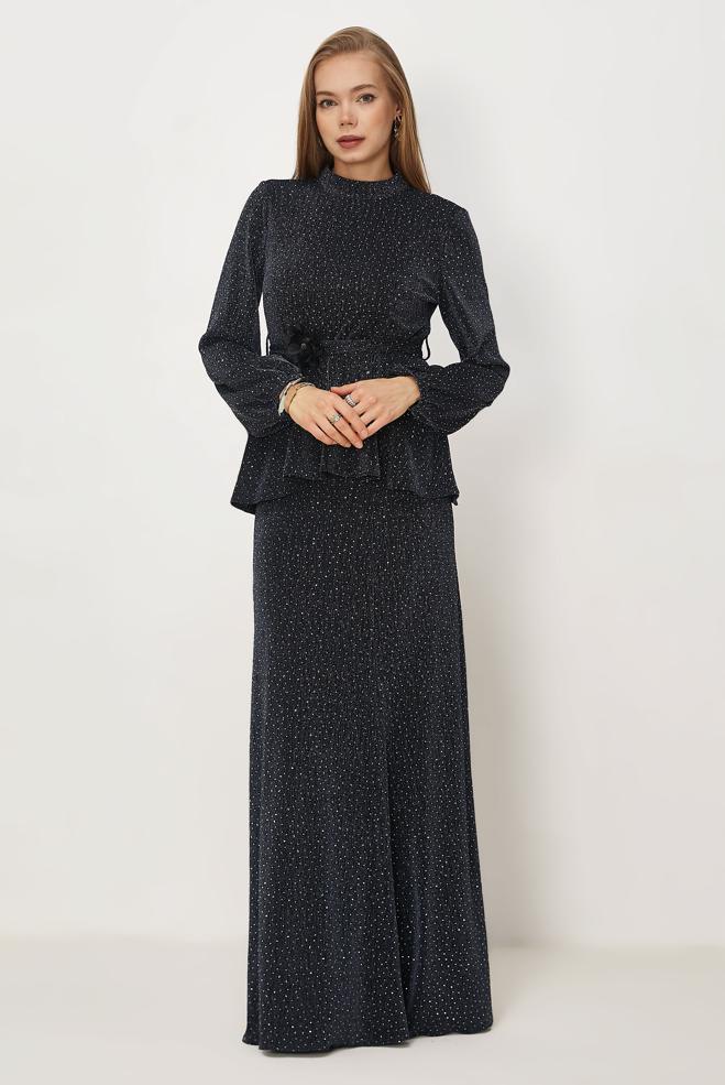 Hijab-Kleidung GRAU ROCKANZUG MIT EDELSTEIN DETAILS 46331 - ALVİNA