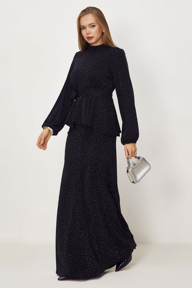 Hijab-Kleidung NAVY BLAU ROCKANZUG MIT EDELSTEIN DETAILS 46331 - ALVİNA