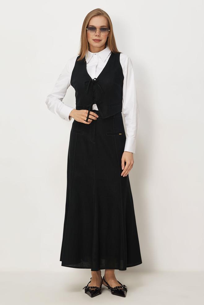 Hijab-Kleidung SCHWARZ SET MIT LEINENROCK 46418 - ALVİNA