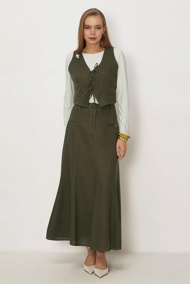 Hijab-Kleidung KHAKI SET MIT LEINENROCK 46418 - ALVİNA