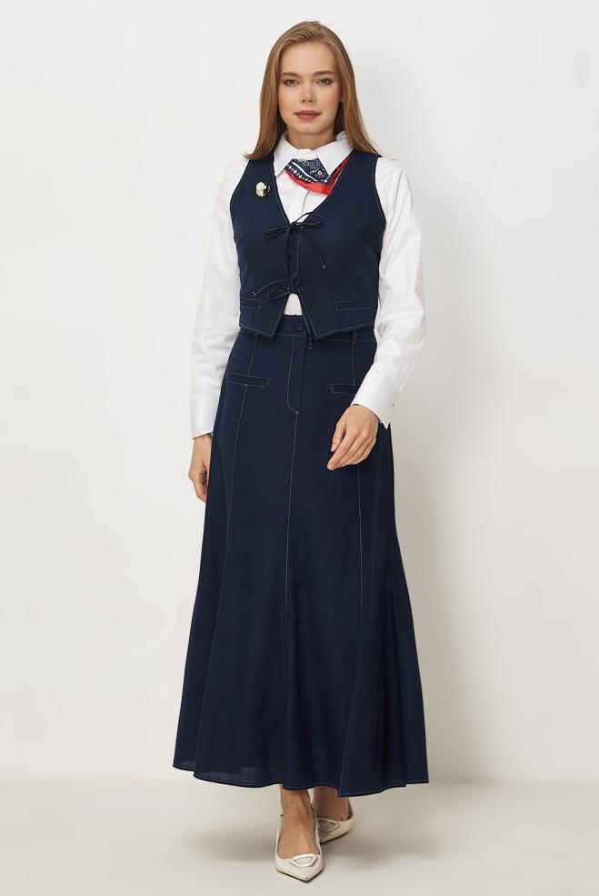 Hijab-Kleidung NAVY BLAU SET MIT LEINENROCK 46418 - ALVİNA